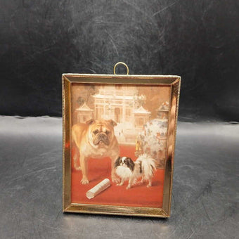 Vintage Brass 3x5 Framed with Vintage Print of Dogs with Chinoiserie Decor