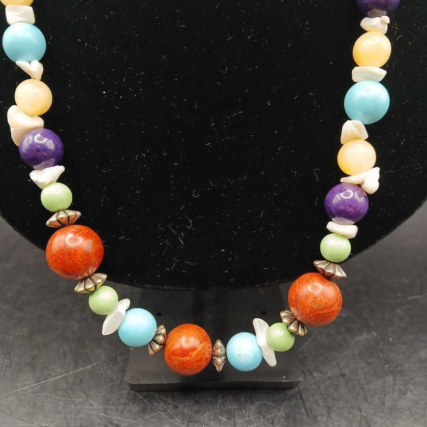 Vintage Multi Gemstone Necklace: turquoise-yellow jade-mother of pearl-jasper-sodalite- chrysoprase-blue amazonite 21