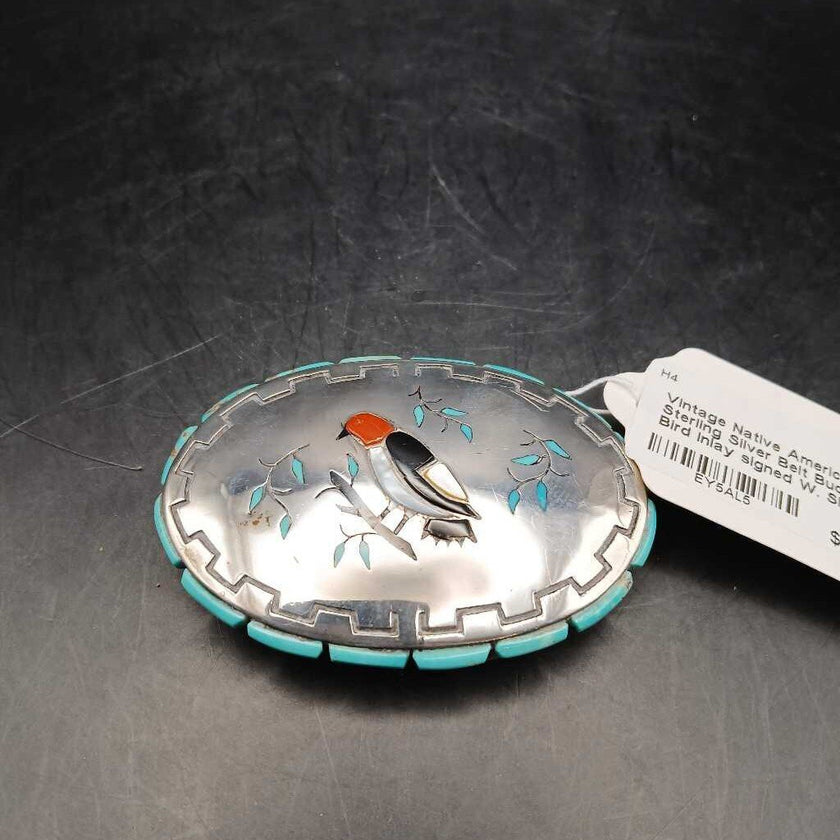 Vintage Native American Sterling Silver Belt Buckle with Bird Inlay signed W. SILVERS