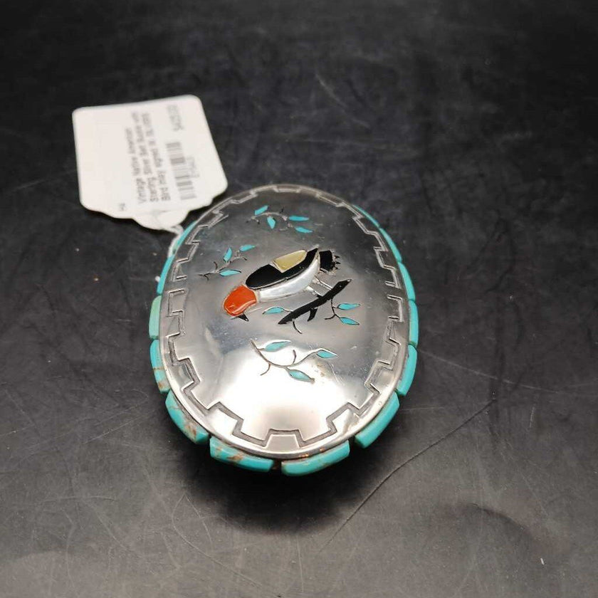 Vintage Native American Sterling Silver Belt Buckle with Bird Inlay signed W. SILVERS