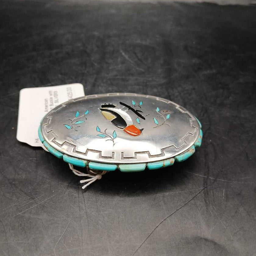 Vintage Native American Sterling Silver Belt Buckle with Bird Inlay signed W. SILVERS