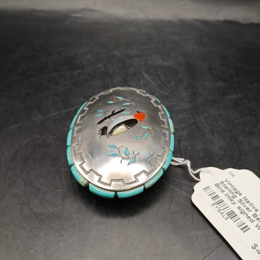 Vintage Native American Sterling Silver Belt Buckle with Bird Inlay signed W. SILVERS