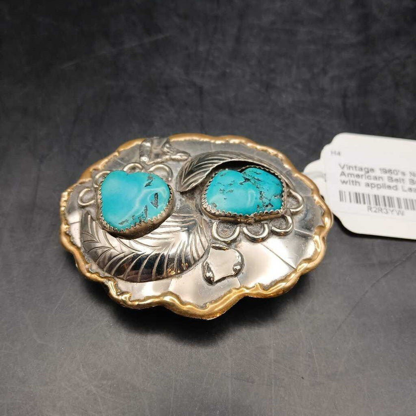 Vintage 1960's Native American Belt Buckle Sterling with applied Leaves and Natural Turquoise Nuggets