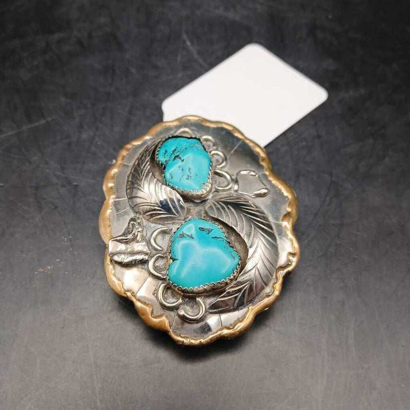 Vintage 1960's Native American Belt Buckle Sterling with applied Leaves and Natural Turquoise Nuggets