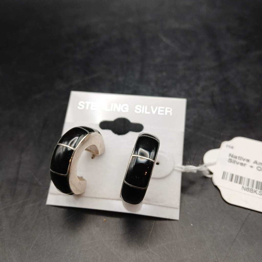 Native American Sterling Silver + Onyx Hoop Earrings