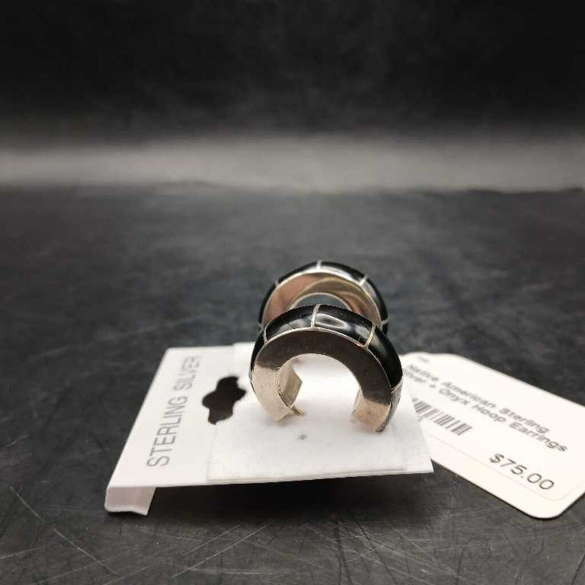 Native American Sterling Silver + Onyx Hoop Earrings
