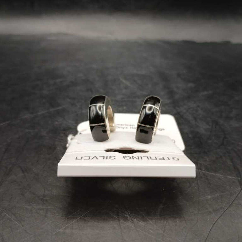 Native American Sterling Silver + Onyx Hoop Earrings