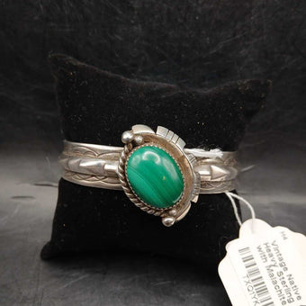 Vintage Native American Heavy Sterling Stamped Cuff with Malachite