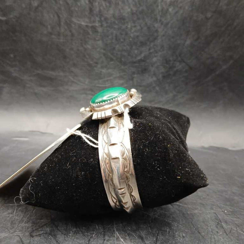 Vintage Native American Heavy Sterling Stamped Cuff with Malachite