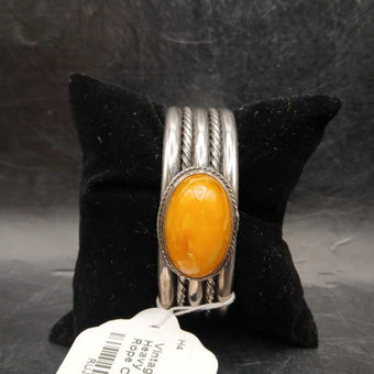 Vintage Native American Heavy Sterling Stamped Cuff Rope Cuff with Butterscotch Amber