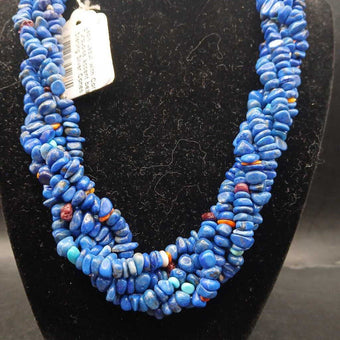 Lapis Lazuli with Coral + Turquoise accent beads with Sterling Silver Cones and Clasp