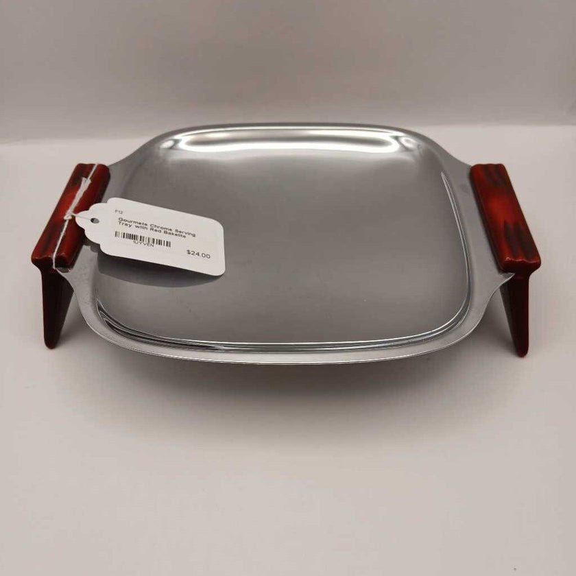 Gourmets Chrome Serving Tray with Red Bakelite