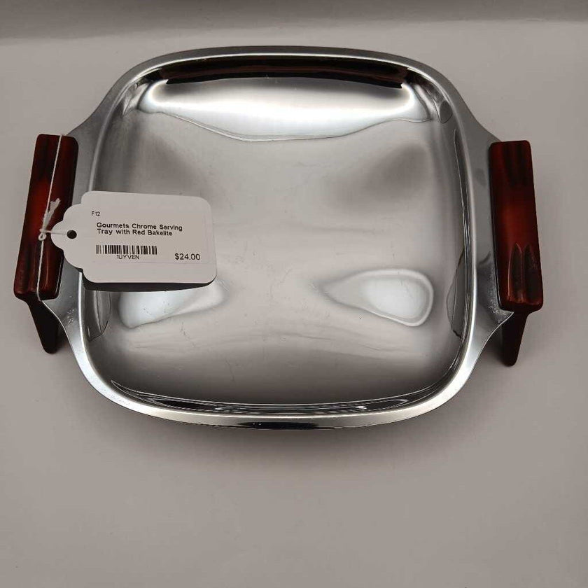 Gourmets Chrome Serving Tray with Red Bakelite