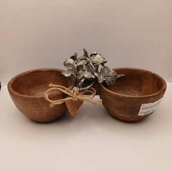 Acacia Teak woof 2 Bowl serving tray silver handle