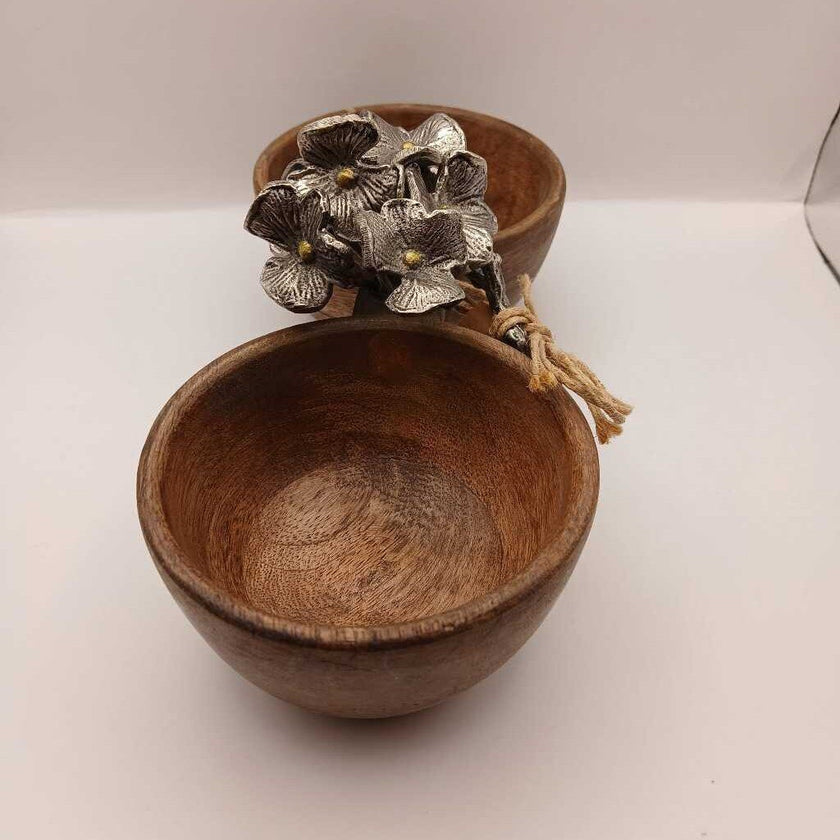Acacia Teak woof 2 Bowl serving tray silver handle