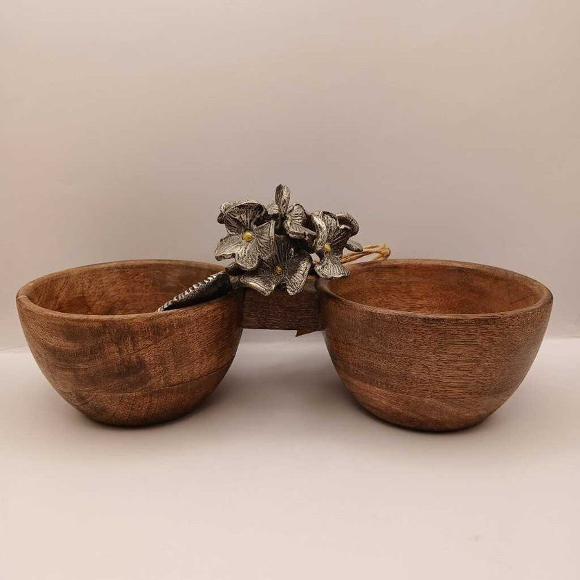 Acacia Teak woof 2 Bowl serving tray silver handle