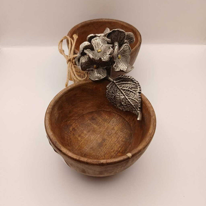 Acacia Teak woof 2 Bowl serving tray silver handle