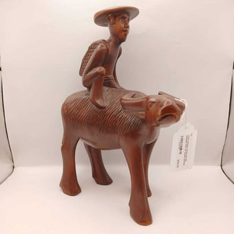 VTG antique wood carved Chinese man on water buffalo