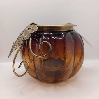 Glass Pumpkin Shaped Candle Holder W/ Metal Leaves