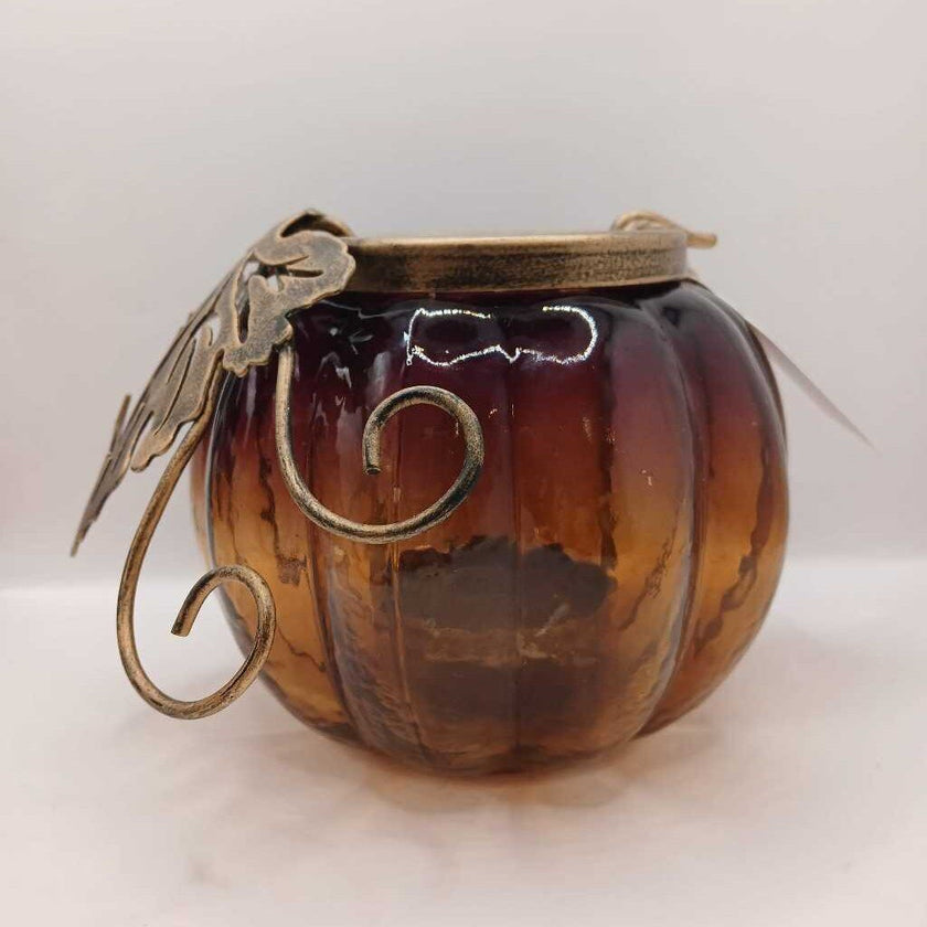 Glass Pumpkin Shaped Candle Holder W/ Metal Leaves