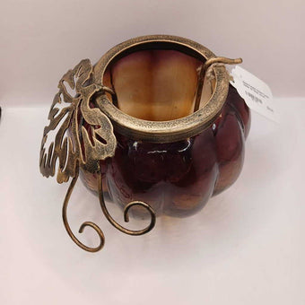 Glass Pumpkin Shaped Candle Holder W/ Metal Leaves
