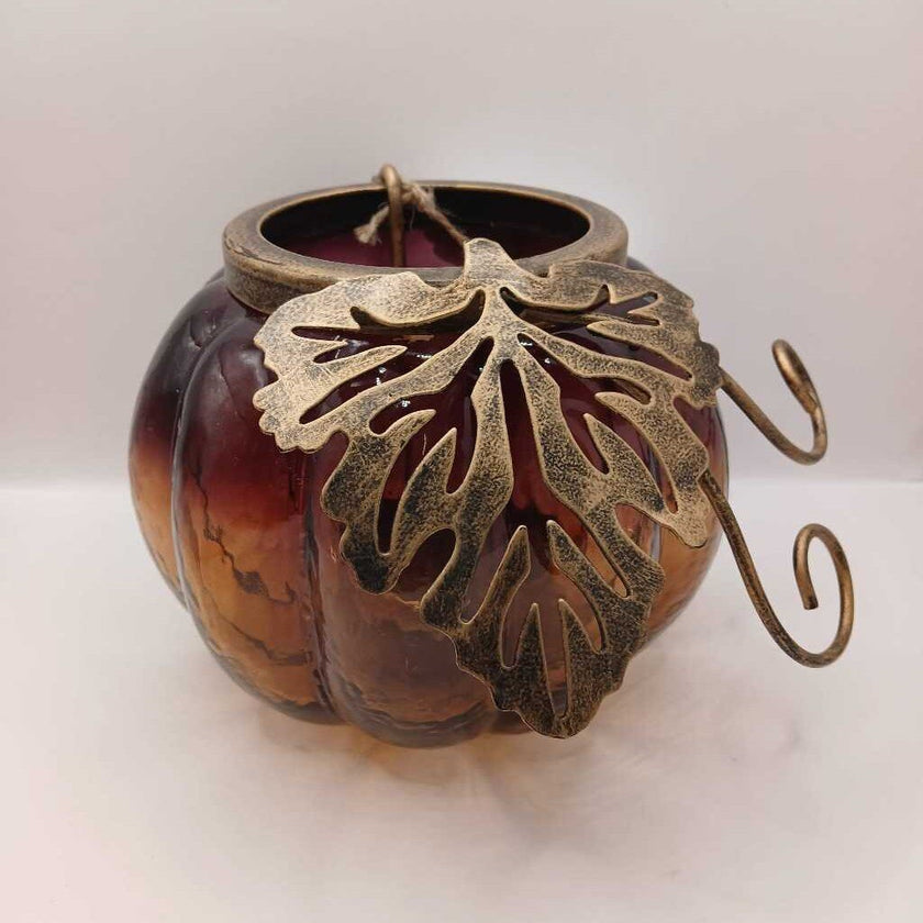 Glass Pumpkin Shaped Candle Holder W/ Metal Leaves