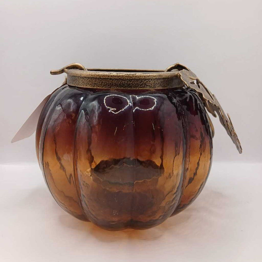 Glass Pumpkin Shaped Candle Holder W/ Metal Leaves