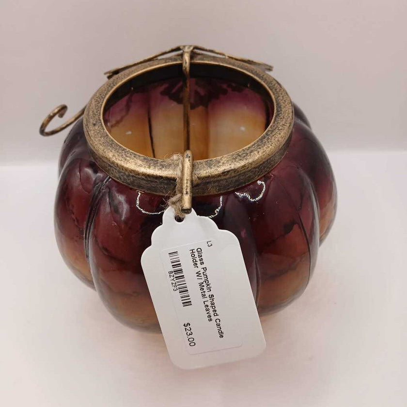 Glass Pumpkin Shaped Candle Holder W/ Metal Leaves