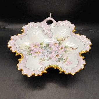 Vintage 1957 Handpainted Apple Blossom Pink and Gold Porcelain Dish