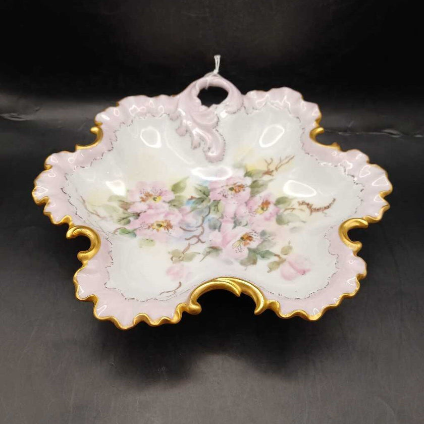 Vintage 1957 Handpainted Apple Blossom Pink and Gold Porcelain Dish