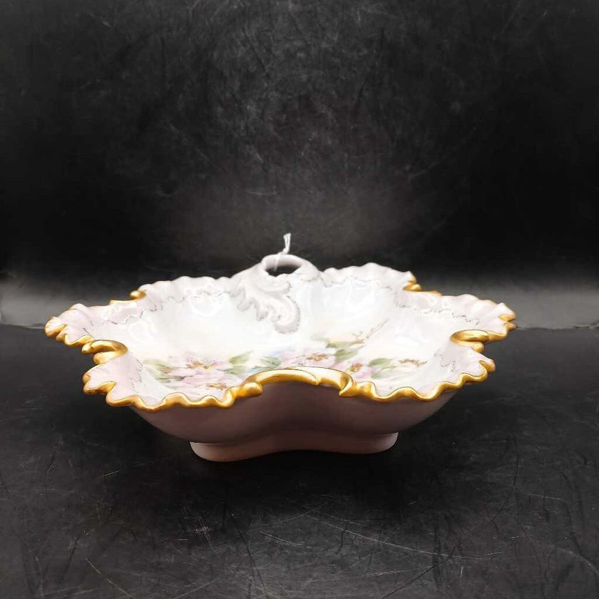 Vintage 1957 Handpainted Apple Blossom Pink and Gold Porcelain Dish