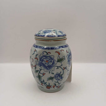 Vintage Floral Blue Japanese Ginger Jar with red Blue Flowers, replacement item, vintage item, Height 12 cm, Width 6 cm, Capacity 13 oz