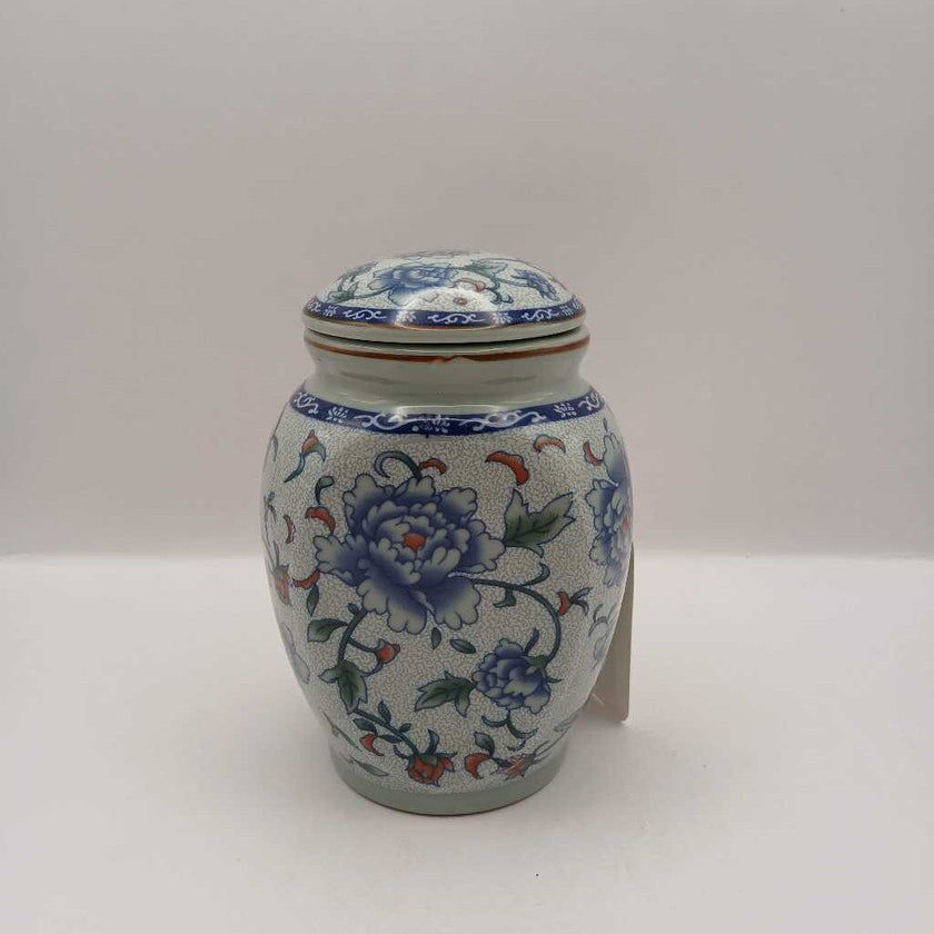 Vintage Floral Blue Japanese Ginger Jar with red Blue Flowers, replacement item, vintage item, Height 12 cm, Width 6 cm, Capacity 13 oz