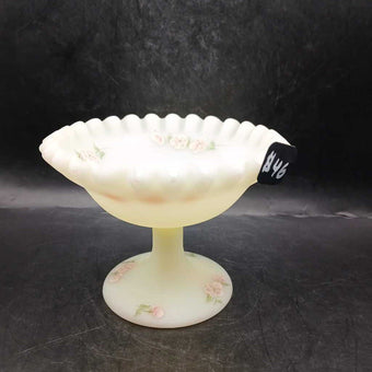 Uranium Vaseline Fenton Ruffled Edge Painted Pedestal Dish