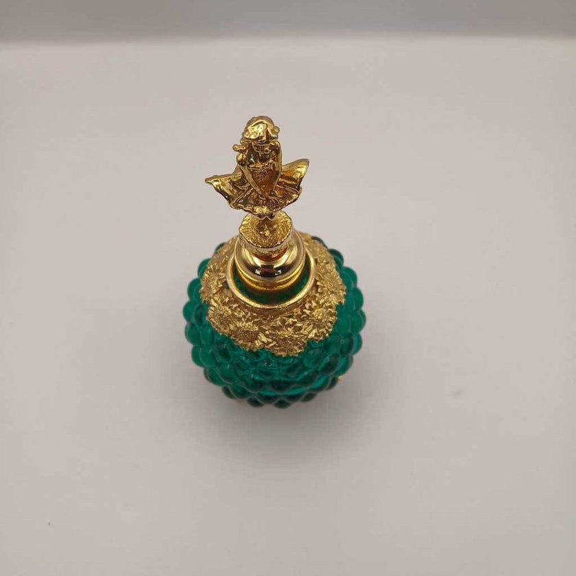 Perfume Bottle: Green Glass Hobnail Gold Ballerina