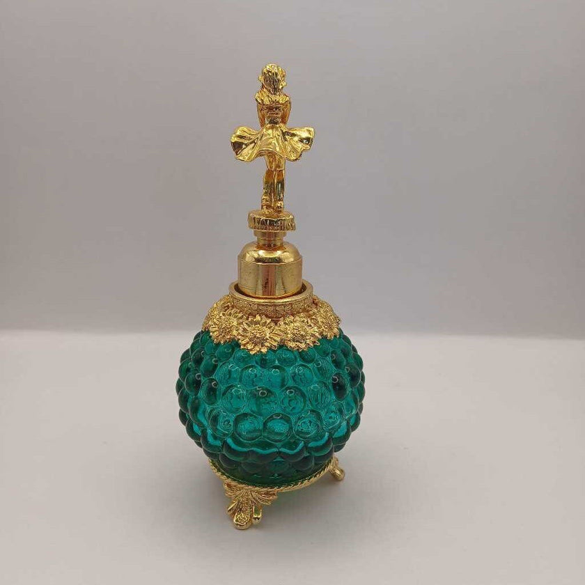 Perfume Bottle: Green Glass Hobnail Gold Ballerina