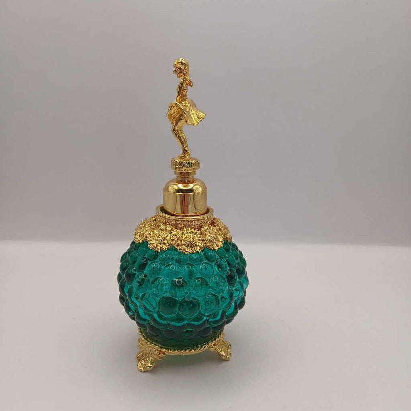 Perfume Bottle: Green Glass Hobnail Gold Ballerina