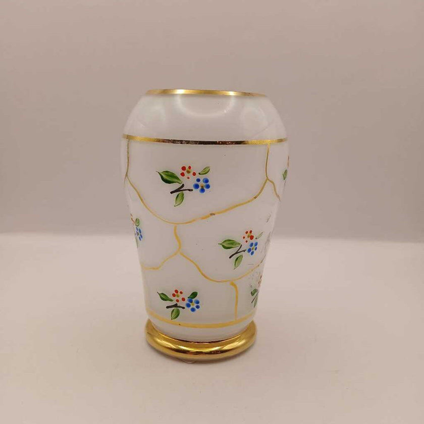 Vntg- old hand-painted flower pattern gilded frosted glass-vase (P)