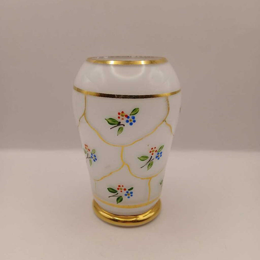 Vntg- old hand-painted flower pattern gilded frosted glass-vase (P)