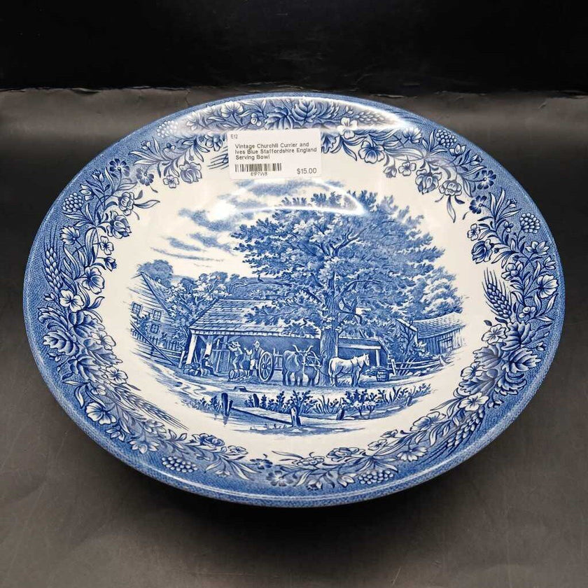 Vintage Churchill Currier and Ives Blue Staffordshire England Serving Bowl