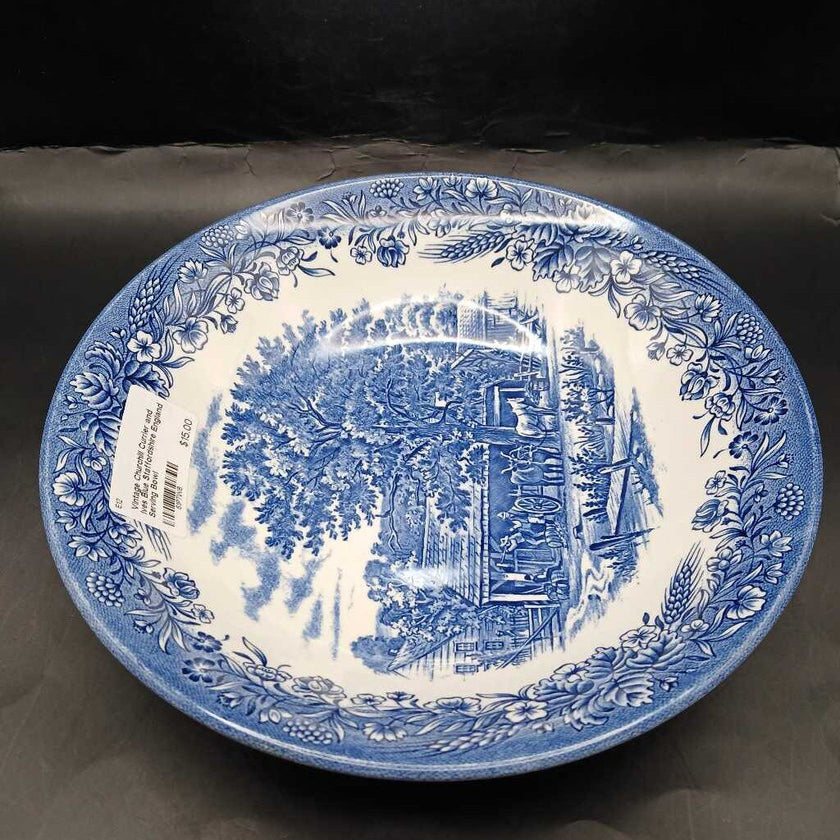 Vintage Churchill Currier and Ives Blue Staffordshire England Serving Bowl