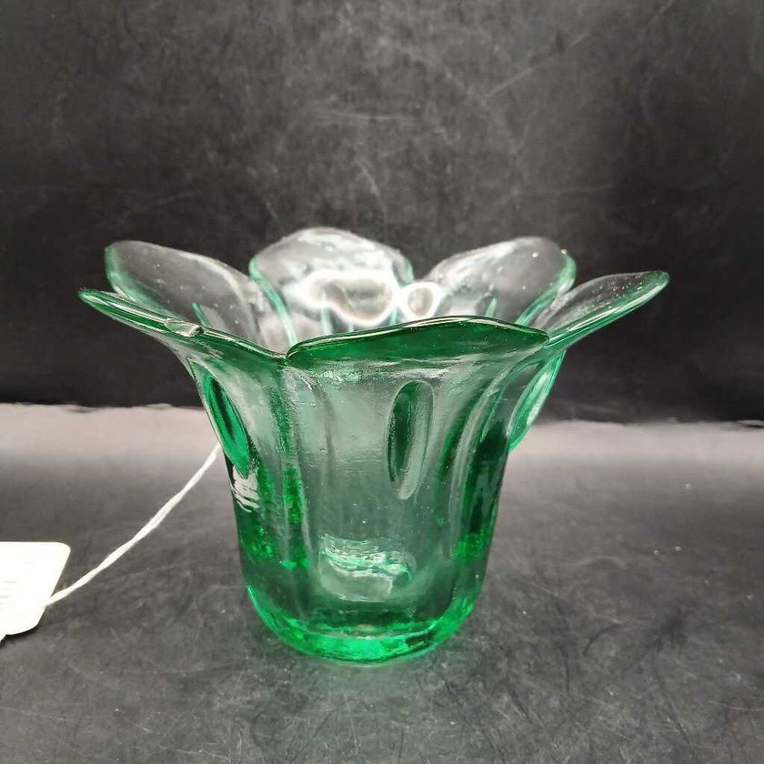 Green Tulip Shaped Cut Glass Bowl CHIPPED