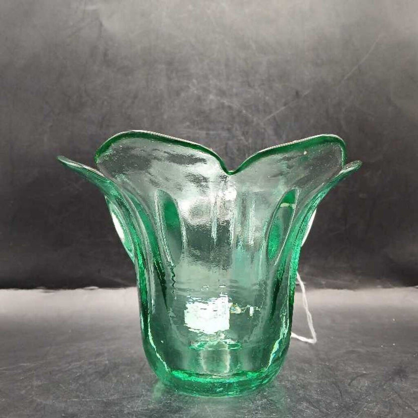 Green Tulip Shaped Cut Glass Bowl CHIPPED