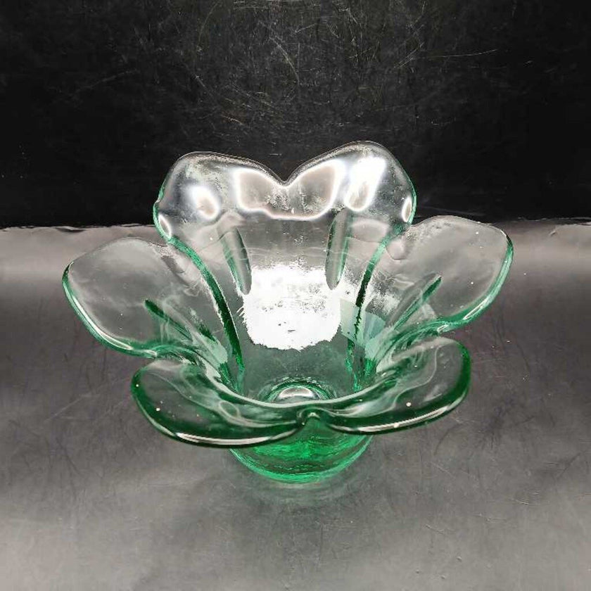 Green Tulip Shaped Cut Glass Bowl CHIPPED