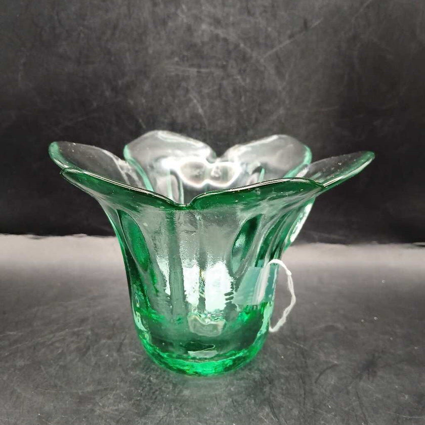 Green Tulip Shaped Cut Glass Bowl CHIPPED