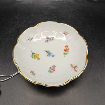 Antique Footed Porcelain Dish with Floral and Insect Motif Most Likely Antique Dresden or Meissen Circa late 1800s