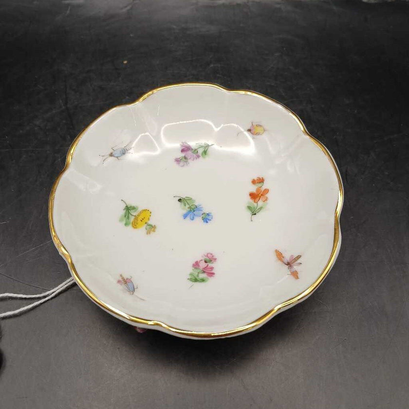 Antique Footed Porcelain Dish with Floral and Insect Motif Most Likely Antique Dresden or Meissen Circa late 1800s