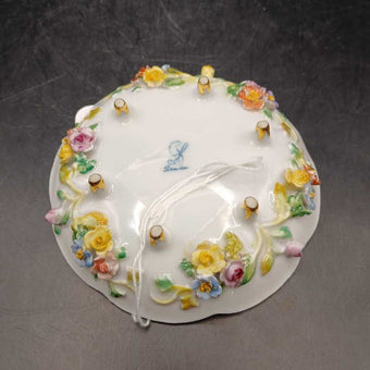 Antique Footed Porcelain Dish with Floral and Insect Motif Most Likely Antique Dresden or Meissen Circa late 1800s