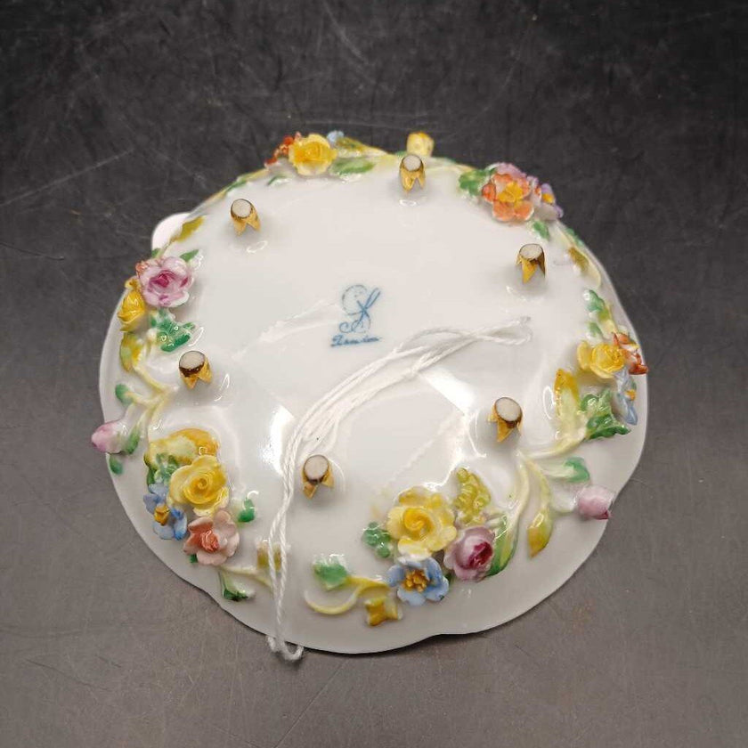 Antique Footed Porcelain Dish with Floral and Insect Motif Most Likely Antique Dresden or Meissen Circa late 1800s