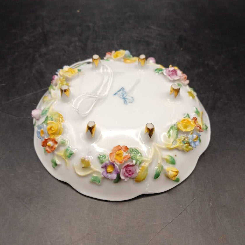 Antique Footed Porcelain Dish with Floral and Insect Motif Most Likely Antique Dresden or Meissen Circa late 1800s
